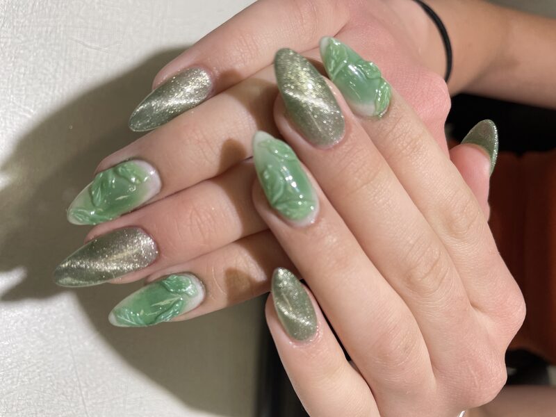 Green chrome and matte sage stiletto with carved leaf detail