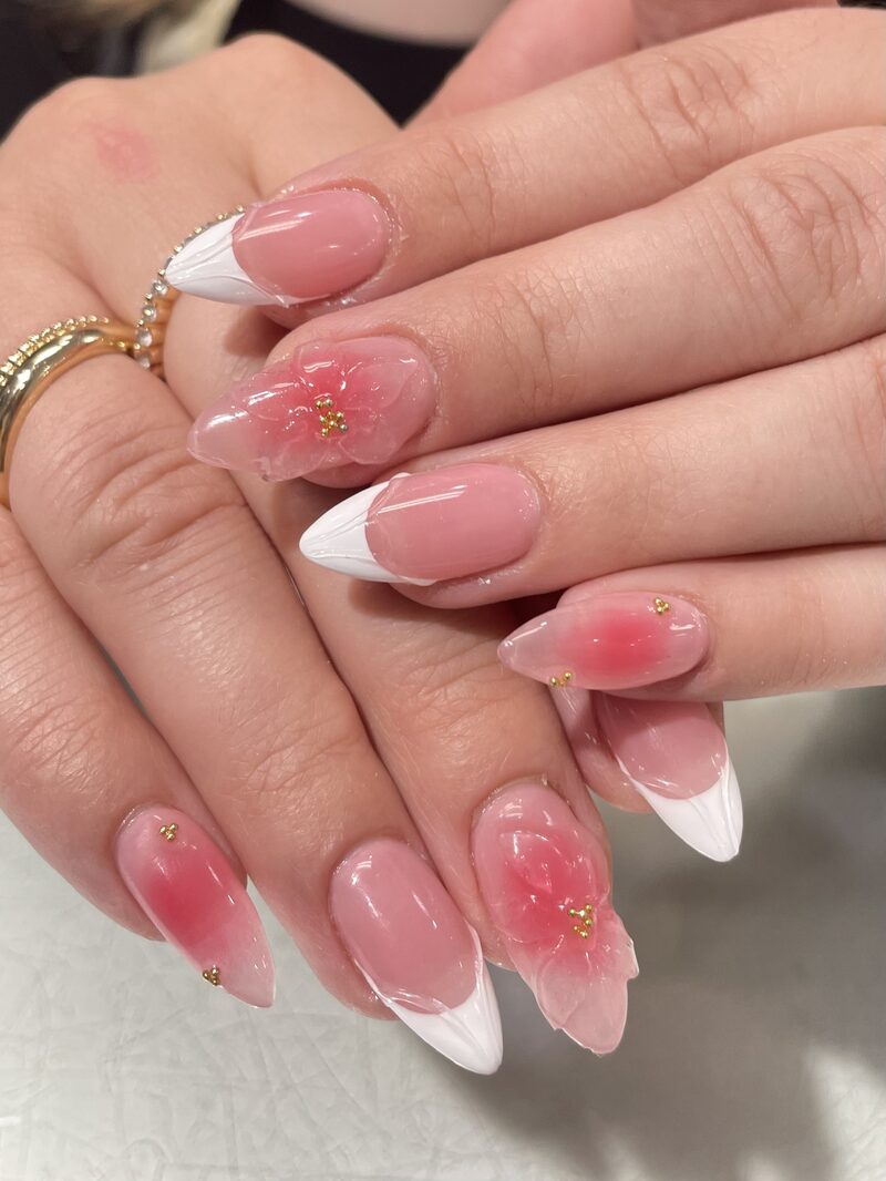 Sheer pink almond nails with pearl glitter ombre